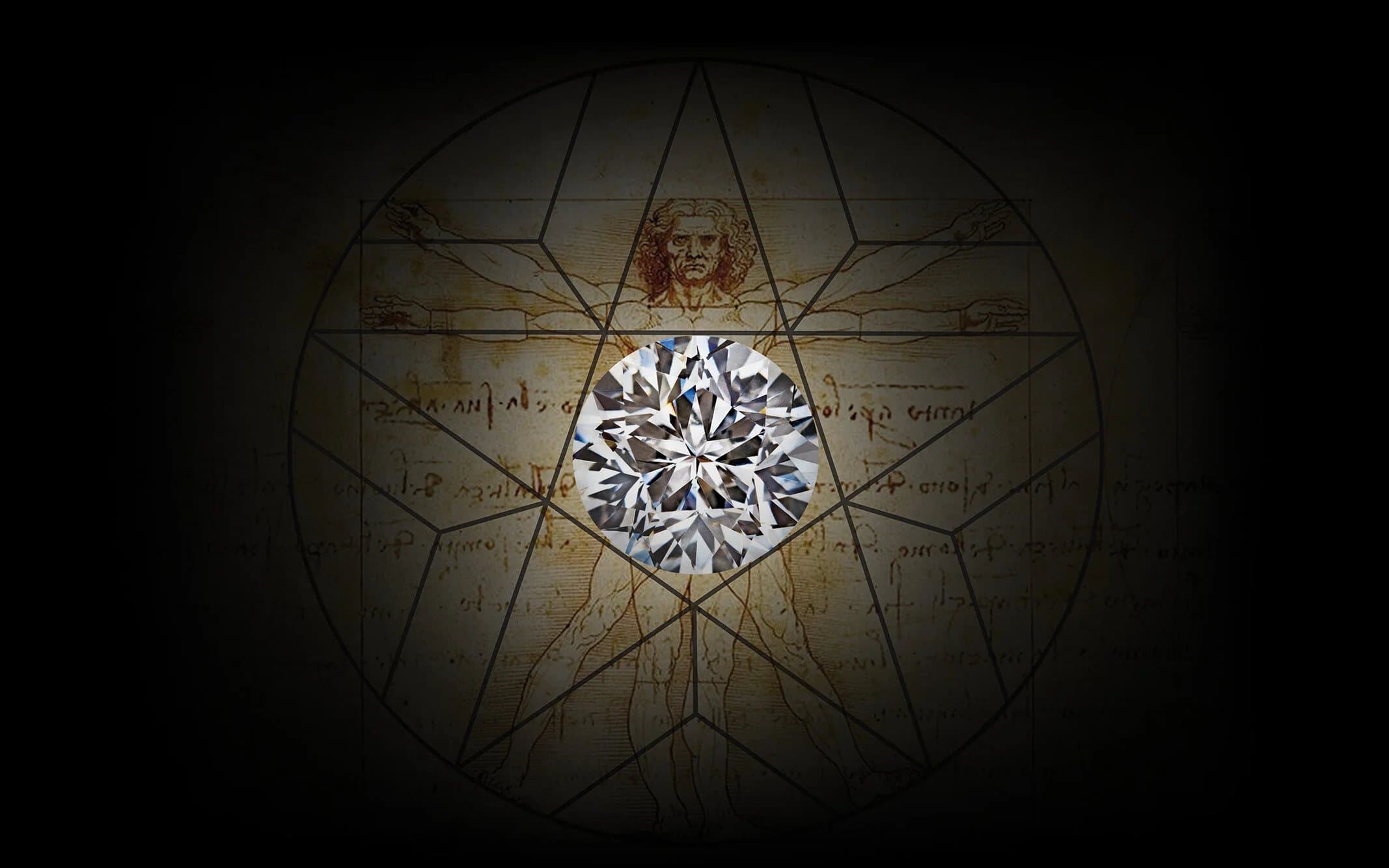 The Leonardo Da Vinci Cut seen face up, its pentagonal table and star pattern over Leonardo's Vitruvian drawing